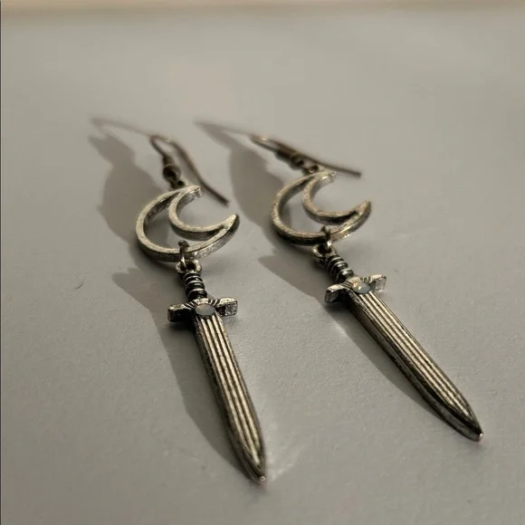 Silver Crescent Sword Earrings - Picture 3 of 3